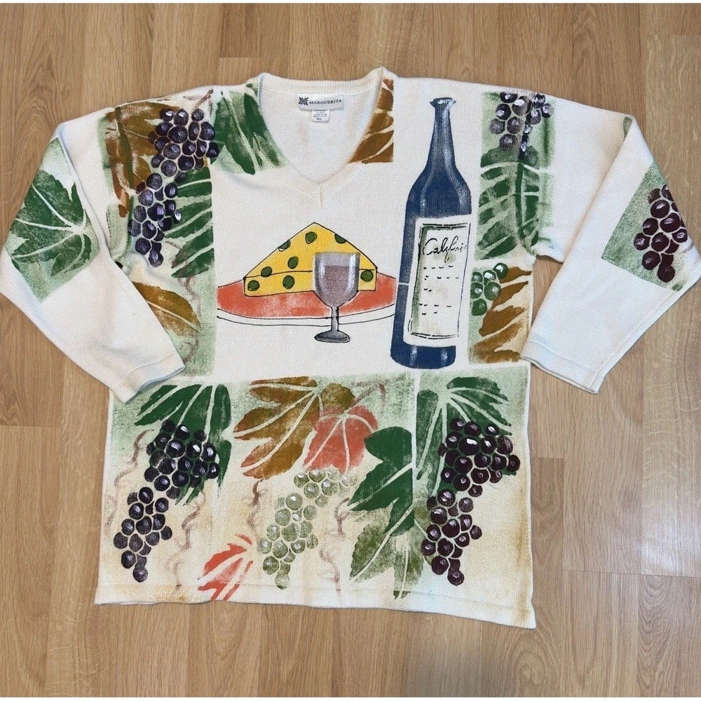 Vtg Marguerita Hand Painted  Sweater Cheese Wine Grapes Art To Wear USA M/L